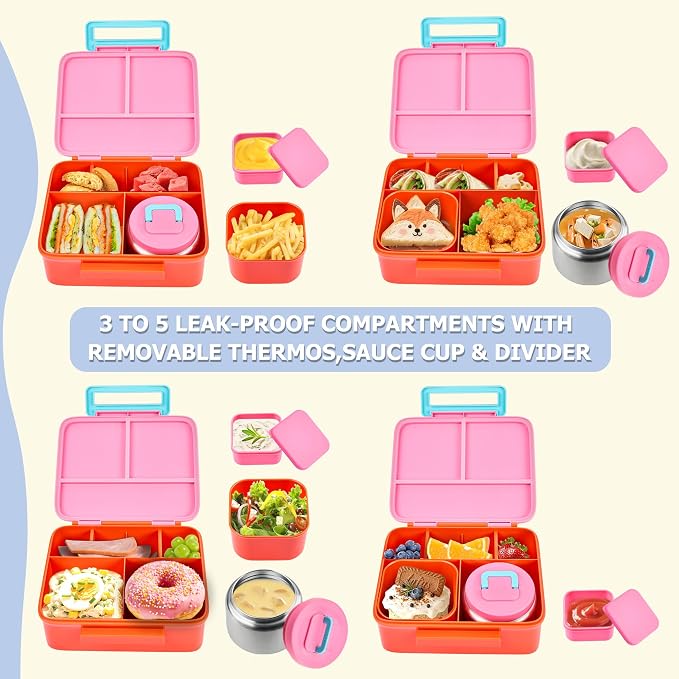 Bento Lunch Box for Kids with Thermo, Leakproof Bento Box with 8oz Insulated Food Jar, Insulated Bottle, Lunch Bag, BPA Free Dishwasher Safe 4 Compartment Container for School Girls Boys (Pink)