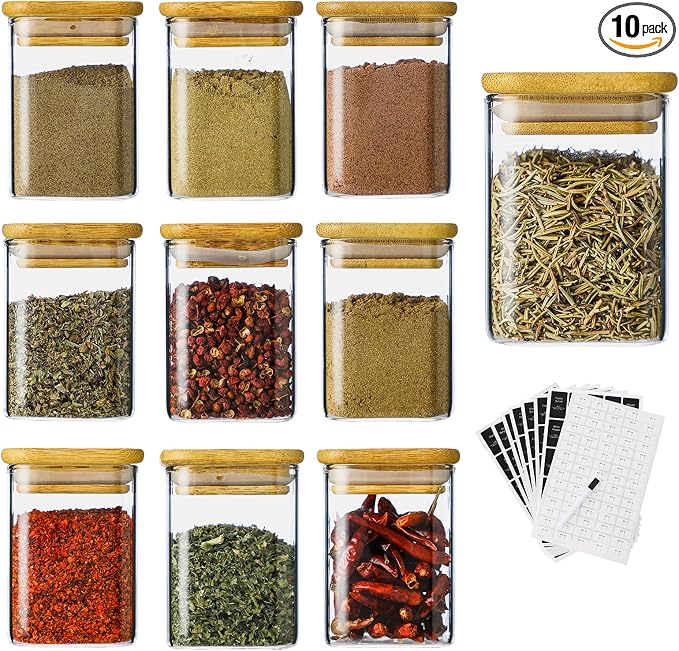 Kitchen Glass Spice Jars 10 Pcs 7 Oz with 275 Labels | Seasoning Empty Containers with Bamboo Lids