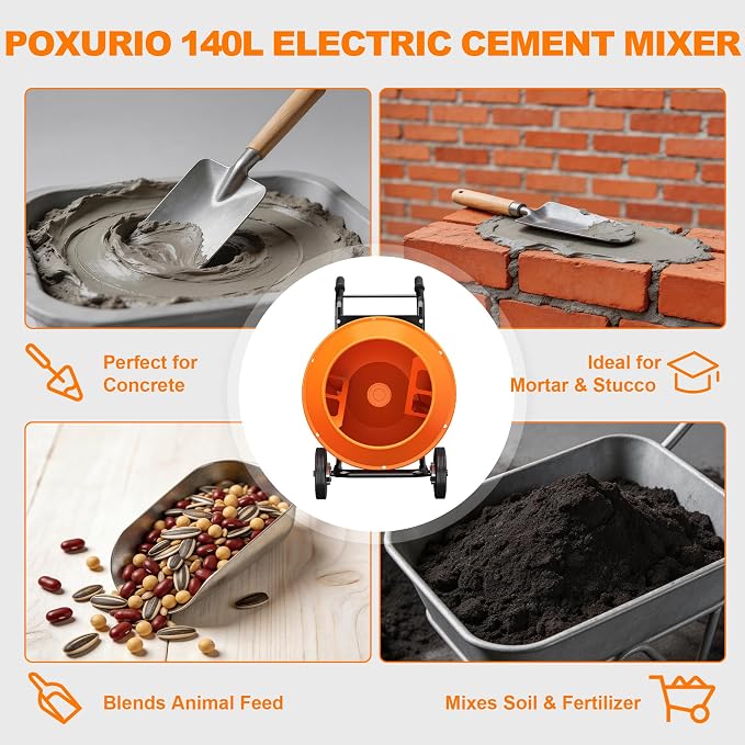 140L Electric Cement Mixer With a Bracket, 5.3 Cubic Ft. 750W 1HP Portable Concrete Mixer Machine with Stand And Wheels for Stucco, Mortar, Seeds, Orange-2026 Upgraded