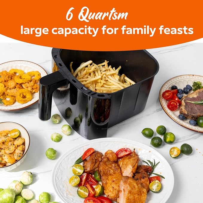 Fullwill 6QT Air Fryer with Visible Window,Nonstick and Dishwasher-Safe Basket,12-in-1 Multi-Function Air Fry,Roast,Bake, Dehydrate, Fries,for Family Party,1700W,Black