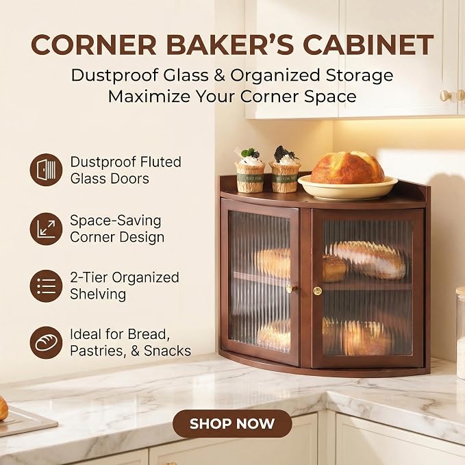 Baveke Bread Box for Kitchen Countertop, Corner Bread Box & Bamboo Breadbox, Large Bread Storage with Double Layer, Vintage Storage for Homemade Bread, Rustic Brown