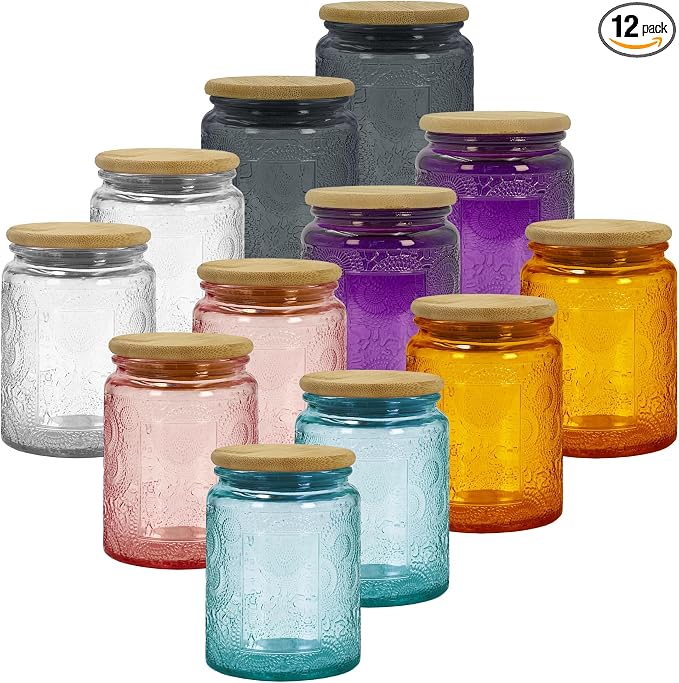 8 oz Decorative Small Glass Jars with Airtight Bamboo Lids, 6 Color 12 Pack | Vintage embossed color coated containers, kitchen pantry bathroom organization & decor, spices, DIY gifts, candle making