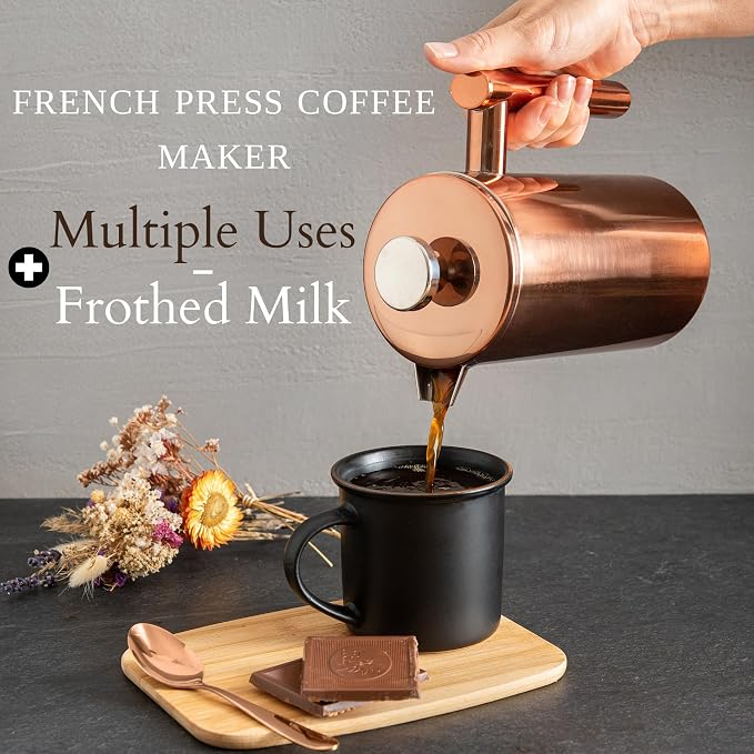 Mixpresso French Press Coffee Maker, 26 Oz Stainless Steel Coffee Press | Double wall insulated stainless steel French Press with durable filter for coffee or loose leaf tea, easy to press and clean