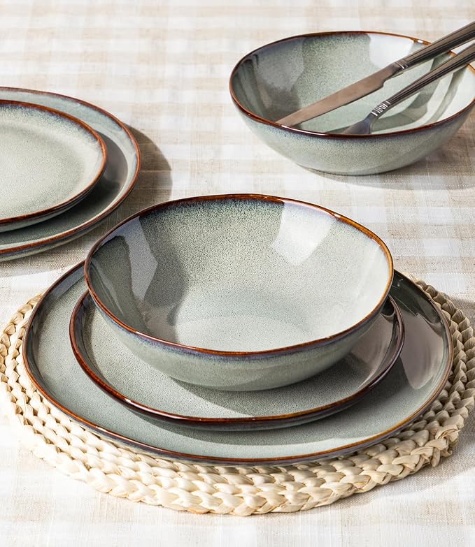 GBHOME Stoneware Dinnerware Sets for 8,24 Piece Rustic Plates and Bowls Set | Earthenware Handmade Reactive Glaze Plate Sets, Chip Resistant Ceramic Dishes, Microwave & Dishwasher Safe, Earthy Sage