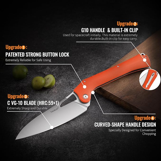 Folding Kitchen Chef Knife, 5.49" Foldable Camping Knife with 10cr15mov Stainless Steel Blade, Anti-skidding and Ergonomic Designed G10 Handle for both Indoor and Outdoor Cooking