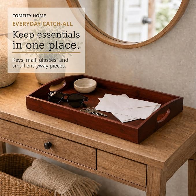 Comfify Dark Brown Bamboo Serving Trays Set of 3 – Nesting Ottoman Trays | Dark-stained bamboo with walnut tones; cutout handles; for coffee table, bar and bedroom dresser; S: 12", M: 14.5", L: 16.25"