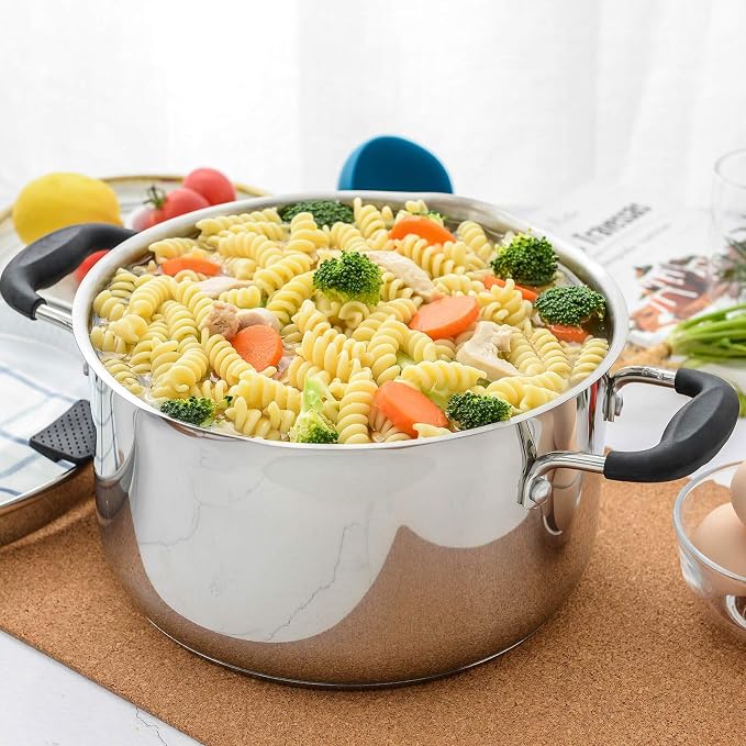 Rorence 6 Quart Stainless Steel Stock Pot, Induction Cooking Pot with Lid | Stockpot Pasta Pot with Two Side Spouts, capsule Bottom, Strainer Glass Lid