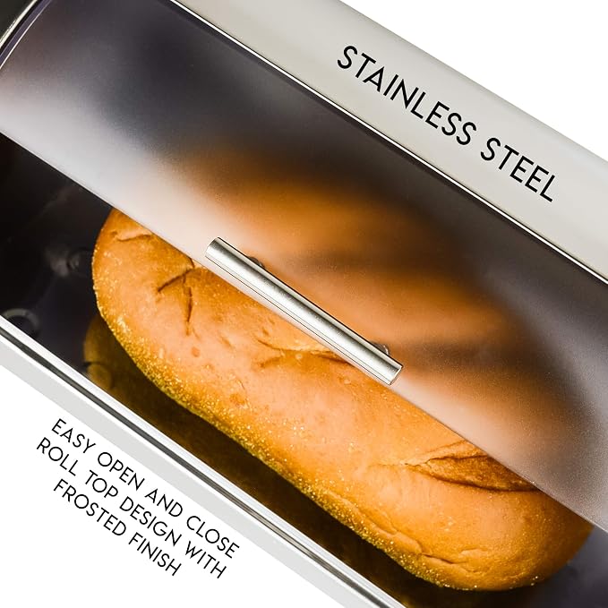 Stainless Steel Bread Box for Kitchen Countertop | Bread Holder Bin, Frosted Acrylic Roll Top Lid