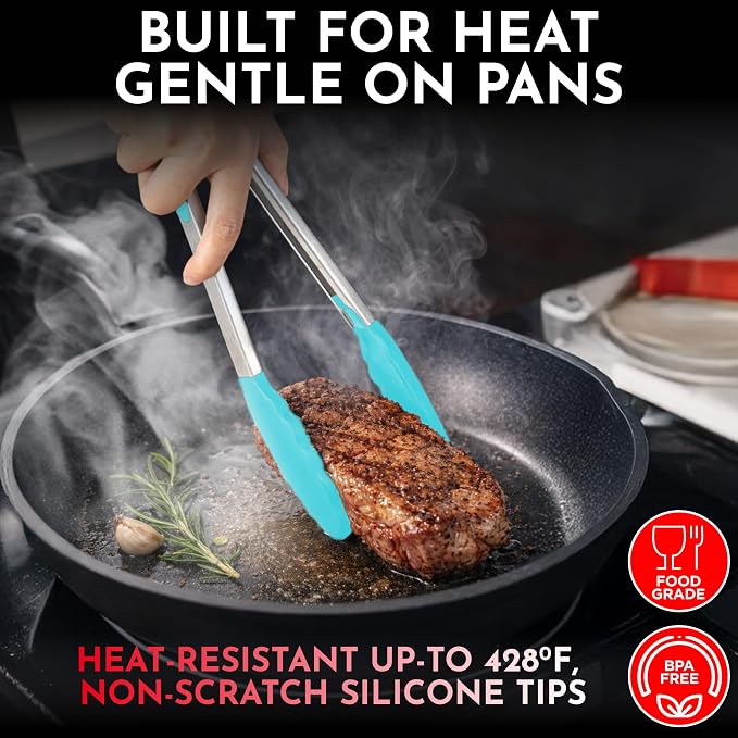 Kitchen Tongs - 12, 9 & 7 Inch Locking Silicone Tongs for Cooking, Set of 3 | Aqua Tongs with Silicone Tips, Heat Resistant Tongs for Grilling, Serving, Mixing