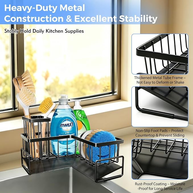 L-Shaped Kitchen Sink Caddy Organizer, Large Sponge Holder for Kitchen Sink, 90 Degree Corner Sink Storage Rack with Dish Brush & Soap Holder for Countertop Kitchen Storage