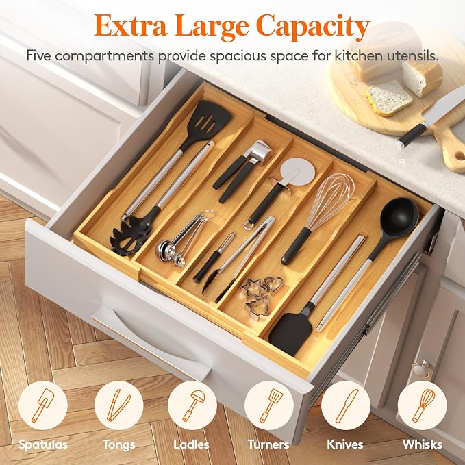 Lifewit Utensil Drawer Organizer, Expandable Kitchen Tool Tray | Wood Adjustable Flatware and Spatula Storage Divider, 11-19.7 x 17 x 1.8“, Natural