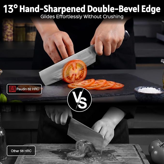 PAUDIN Nakiri Knife 7 Inch,Multi-Layer High Carbon Steel Kitchen Knife 62 HRC, Ultra Sharp Vegetable Chopping Cleaver and Meat Slicing Asian Chef Knife for Home Cooks, Gift Box for Women and Men