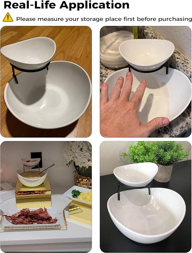 YHOSSEUN Chip and Dip Serving Set 2 Tiered Chip Dip Bowls with Metal Rack | Large Chip Bowl 45 oz for Appetizer, Snacks, Small Dip Bowl 7 oz for Sauce, Serving Bowls for Party, Food Dispaly, Gold Stand