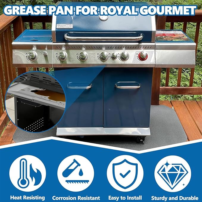 SafBbcue Replacement Grease Tray with Catch Pan for Royal Gourmet 5-Burner | Stainless Drip Pan Fits Royal Gourmet 5-Burner GA5401T/GA5403B/GA5403C. Sloped design, Leak-proof, Easy Slide-in Install.
