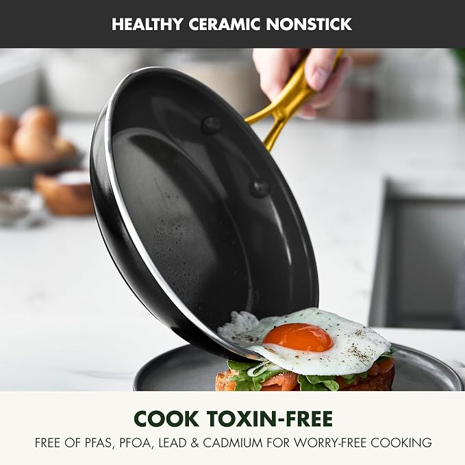 GreenPan Swift Cookware 10" Frying Pan Skillet, Healthy Ceramic Nonstick Coating, Heavy-Gauge Aluminum, Gold-Tone Stainless Steel Handle, PFAS-Free, Dishwasher & Oven Safe, Black