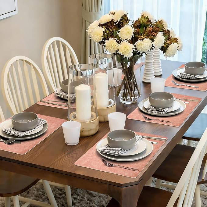 Maxpearl Faux Leather Placemats Set of 6, Easy to Clean, Peachy Pink | Waterproof - Heat Resistant - Non Slip - Wipe Clean Dining Table Place Mats, Suitable for Indoor & Outdoor Use, 17''×12''