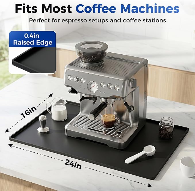 Golener Coffee Bar Mat, Silicone Coffee Mat with Raised Edges, 24"x16" | Coffee Mat for Countertop, Waterproof Coffee Station Mat, Dish Drying Mat Under Rack, Heat Resistant Coffee Machine Mat,Black