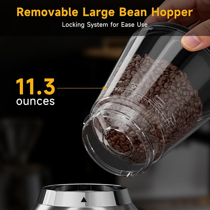 Conical Burr Coffee Grinder with 40mm Stainless Steel Burr, 34 Grind Settings & Anti-Static, Electric Espresso Grinder for Home Use –Perfect for Espresso, Drip Coffee, French Press & Cold Brew, Silver