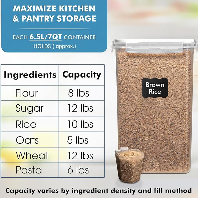 2 PC [7 Qt / 6.5L / 220 Oz] Large Food Storage Containers with Lids Airtight - BPA Free Clear Plastic Kitchen and Pantry Storage Containers for Cereal, Flour, Sugar, Rice