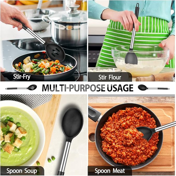 Large Silicone Cooking Spatulas and Spoons, BPA Free, 4 Pack (Black) | Slotted & Solid Stainless Steel Cooking Utensils Set, Non-stick Heat Resistant Kitchen for Baking, Fried, Stir-Fry, Serving
