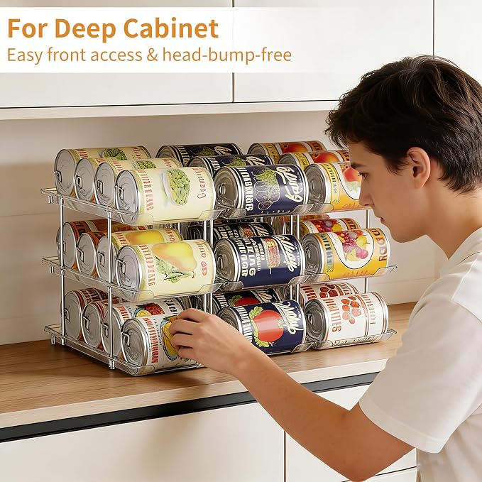 LXLXXL Can Organizer for Pantry Canned Food Storage Goods Holders 4 Tier | Automatic Rolling, Clear Acrylic Can Storage Rack, Sturdy and Stackable, for Fridge Cabinet Pantry Kitchen Desktop Storage