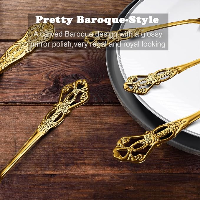 Runfly Gorgeous Retro Royal Gold Stainless Steel 20-Piece Flatware Set | Silverware Set for 4, Anti-rust Cutlery Set Utensils Kitchen Including Fork Spoon and Knife