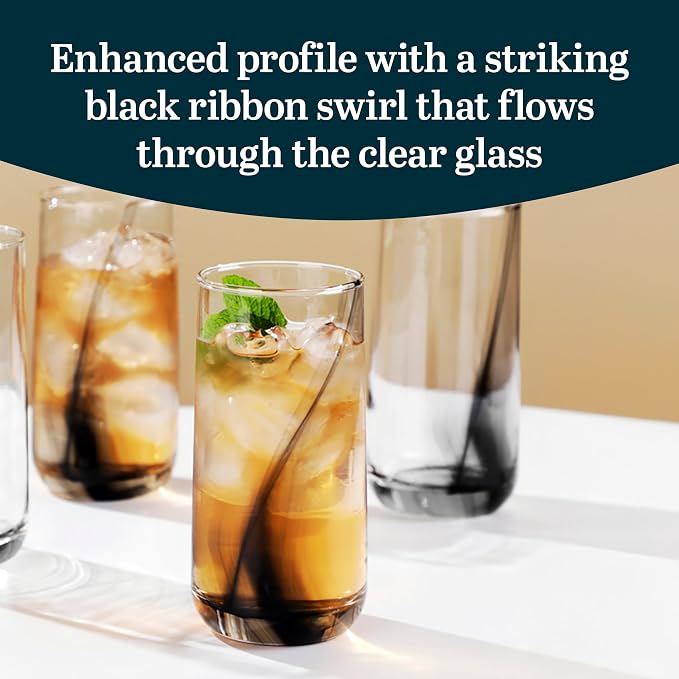 Libbey Ascent Black Ribbon Tumbler and Rocks Drinking Glasses Set of 16, Glass Drinking Glasses with Curvature, Versatile Glassware Set for Daily Use