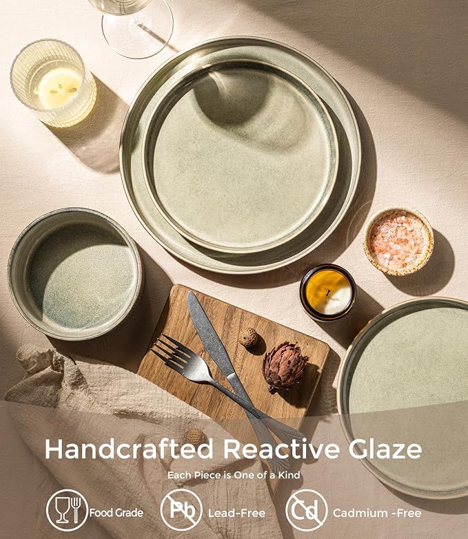 GBHOME Stoneware Dinnerware Sets for 4,12-Piece Plates and Bowls Set | Handmade Reactive Glaze Ceramic Dish Set, Scratch Resistant, Dishwasher&Microwave Safe,Desert Sage