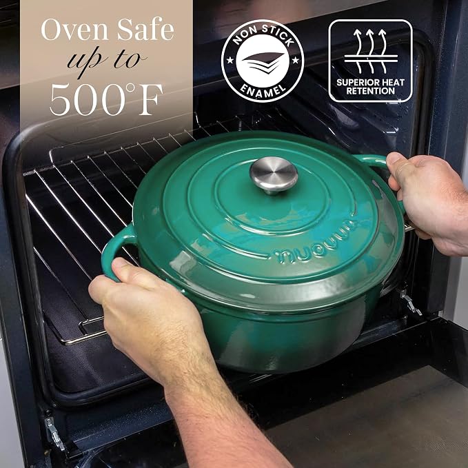 Cast Iron Dutch Oven with Lid - Non-Stick Ovenproof Enamelled Casserole Pot - Sturdy Dutch Oven Cookware - Dark Green, 5-Quart, 24cm - by Nuovva