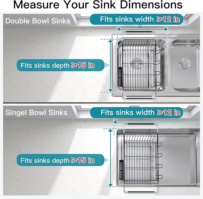 JASIWAY Black Dish Drying Rack in Sink, Dish Drainer with Utensil Holder | Over The Sink Expandable Stainless Steel Strainer Dryer Rack for Small Kitchen, Counter Space Saving, Fast Drain, Rustproof