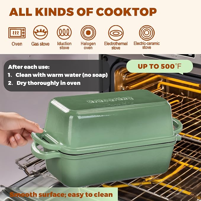 Cast Iron Loaf Pan with Lid, 11x5 Inch 5.8 Qt Sourdough Pan | Dutch Oven Bread Pan with lid, Large Cast Iron Loaf Pan for Sourdough Bread, 11x5", 2-in-1 Design, Crispy Crust, Pistachio