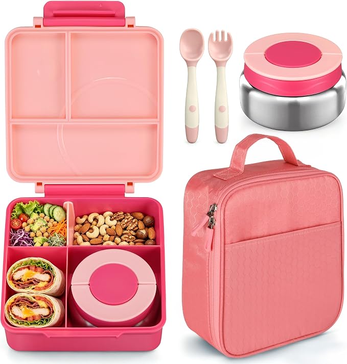 Bento Lunch Box Set for Kids with 8oz Soup Thermo, Leak-Proof Lunch Containers with 4 Compartment, Kids Thermo Hot Food Jar and Insulated Lunch Bag for Kid to School-Pink