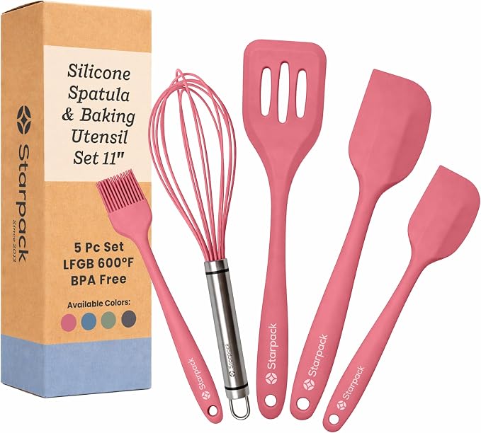 Starpack Flip and Whip Silicone Baking Utensils Set (5-Piece) - LFGB Non Toxic, 600°F Heat Resistant, BPA-Free - Whisk and Rubber Spatula Set with Pastry Brush - Dishwasher Safe, Nonstick Earthy Pink