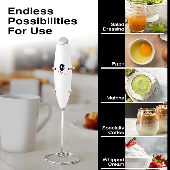Bean Envy Milk Frother Handheld - Coffee Mixer Wand with Stand - White | Battery Operated, Stainless Steel Whisk, 19000 RPM, Protein Powder Blender, Electric Stirrer, Mini Foamer