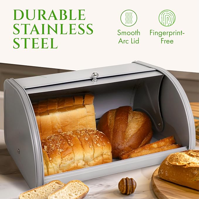 FINESSY Metal Bread Box For Kitchen Countertop, Gray Bread Box Roll Top | Bread Container Holds 1 Standard Loaf With Bagels And Muffins. No Assembly Bread Box, With Roll Top Lid 11.9 x 10.3 x 6.7 ins