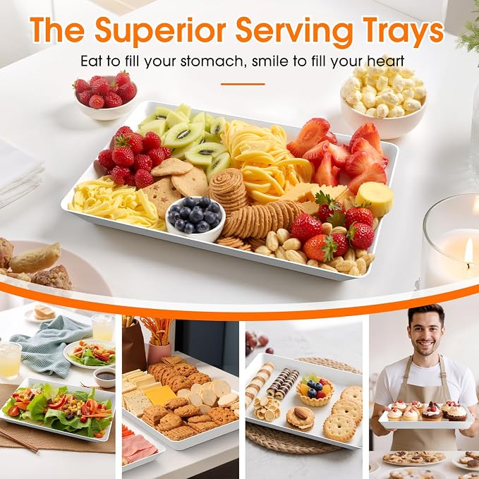 SpaceWhisper Serving Tray, White, 3 Pack, Rectangular Appetizer Platters | Stackable and Lightweight, Glossy PP Plastic,16 x 11 in, 14 x 9 in, 12 x 7 in, for Parties, Buffets, and Everyday Meals