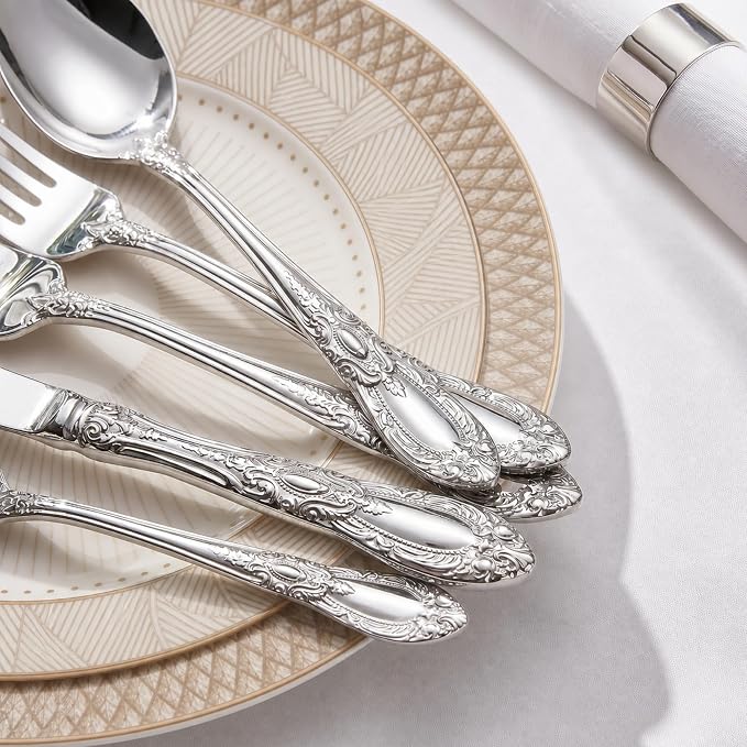 OSVSEE Vintage Silverware Set, 18/10 Stainless Steel Flatware Set for 4 | Heavy Duty Flatware with Royal Palace Handles, Mirror Polished Cutlery, Dishwasher Safe Silverware for Weddings & Gift Giving