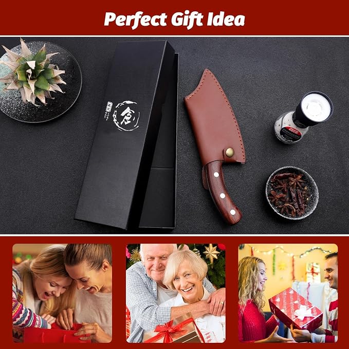 ROCOCO Butcher Cleaver Knife Set - 3PCS Serbian Chef Viking Boning Knife | Meat Cutting Cleaver with Sheaths for Kitchen Outdoor BBQ Camping Birthday Father Mother Christmas Gift Idea Men