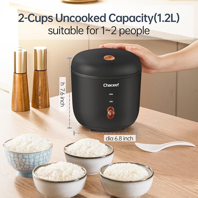 CHACEEF Rice Cooker 2 Cups Uncooked, 1.2L Portable Rice Cooker Small, Black | Non-Stick Pot, Auto Keep Warm, for White & Brown Rice & Oatmeal, Portable for Travel, Dorm & Office, Compact & Easy to Store
