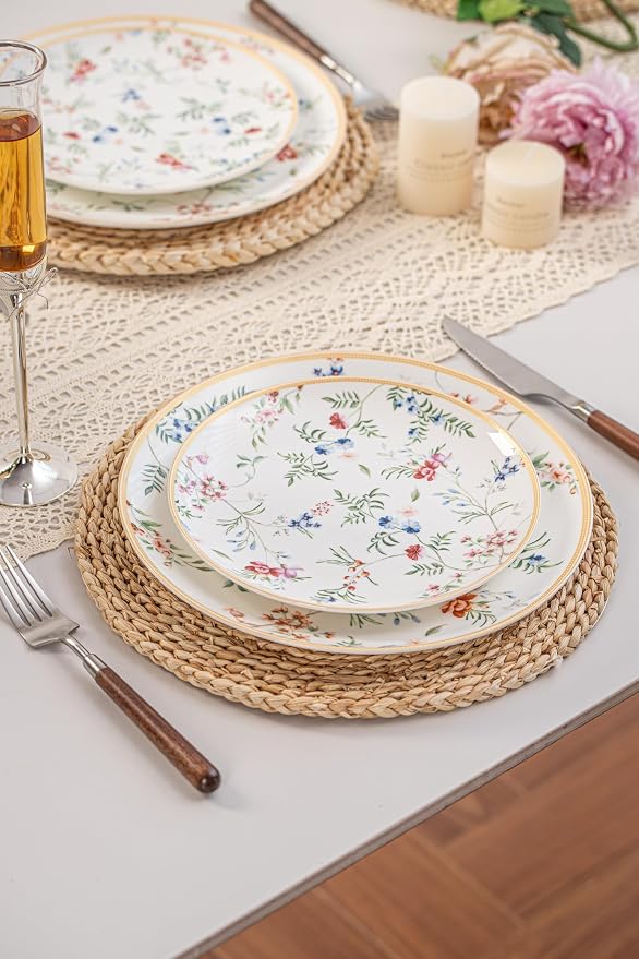 FHGNYSM Dinnerware Set for 4 (English Garden Style) | 12-Piece Porcelain Lightweight Plates and Bowls Sets , Kitchen Dinner Set with Whisper of Golden Banding