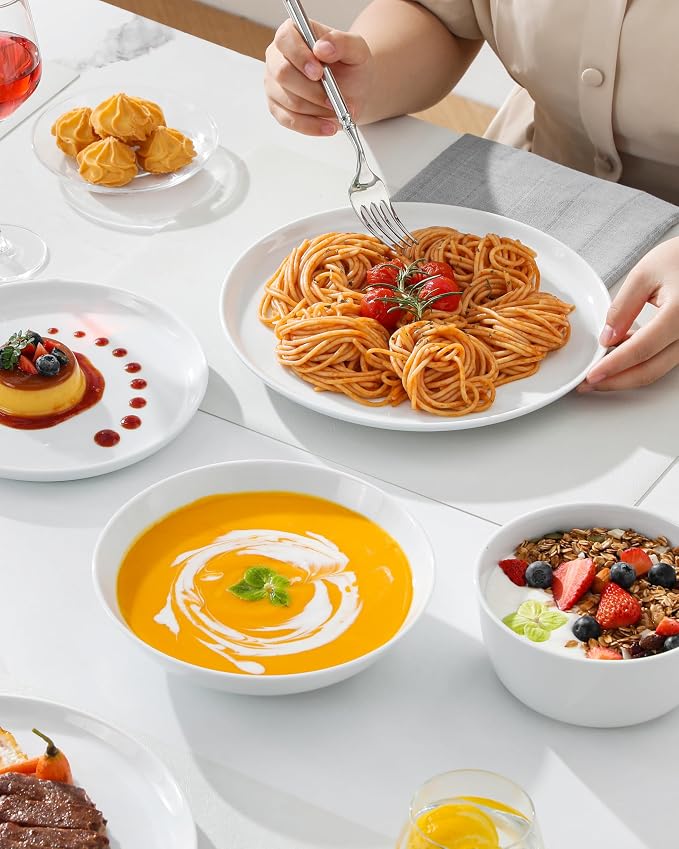 MALACASA 24-Piece Dinnerware Set for 6, White Porcelain Dishes | High-Fired Porcelain, Chip Resistant, Includes Dinner Plates, Salad Plates, Pasta and Cereal Bowls