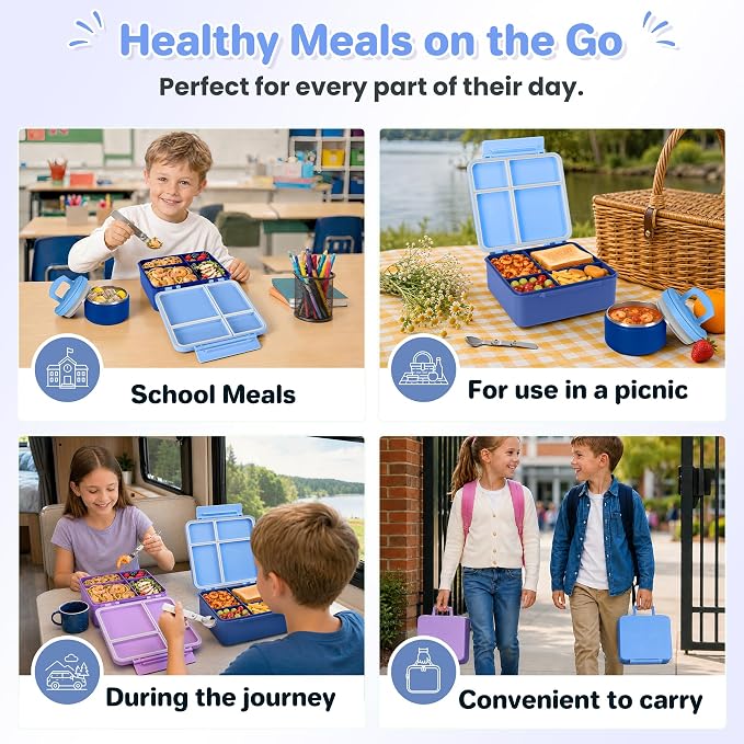 Bento Lunch Box for Kids with 8oz Soup Thermo,Kids Leakproof Lunch Food Containers with 4 Compartment,Kid Insulated Thermo Hot Food Jar for School,Trvael-Blue