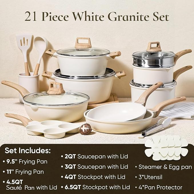CAROTE 21pcs Pots and Pans Set, Nonstick Cookware Sets, with Egg Pan | Induction Kitchen Cooking Set, Durable, Easy Food Release, Fast & Even Heating, with Frying Pan