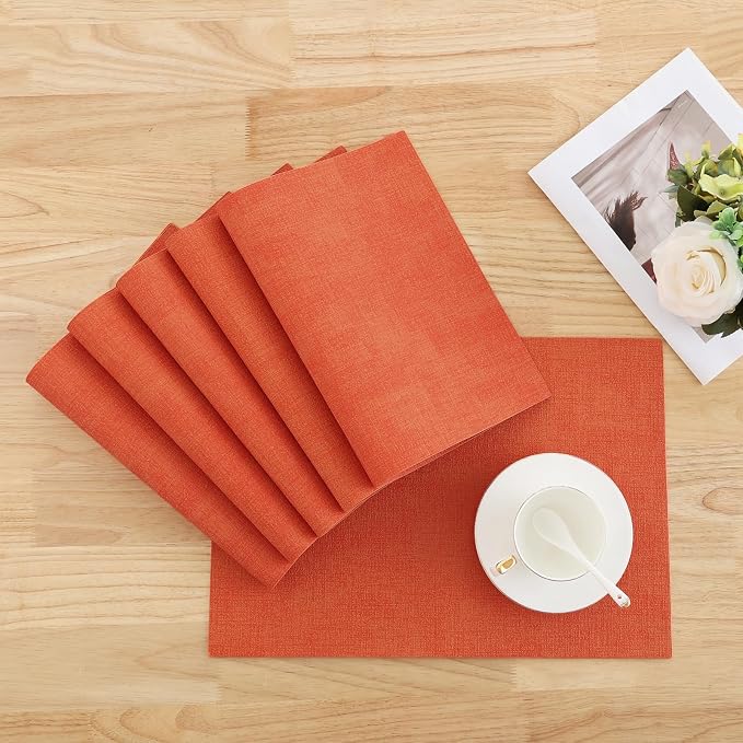 Homaxy PU Faux Leather Placemats for Dining Table, Set of 6, Orange | Waterproof Wipeable Washable Table Mats, Easy to Clean Anti-Slip Place Mats, 11.8" x 17"