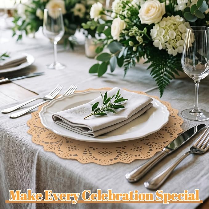 300 Pack 13.5 Inch Round Kraft Paper Doilies, Disposable Lace Placemats | Rustic Brown Scallop Doily Table Pads, Heavy-Duty Paper Place Mats for Cakes, Crafts, Parties, Weddings, Buffet, Home Decor