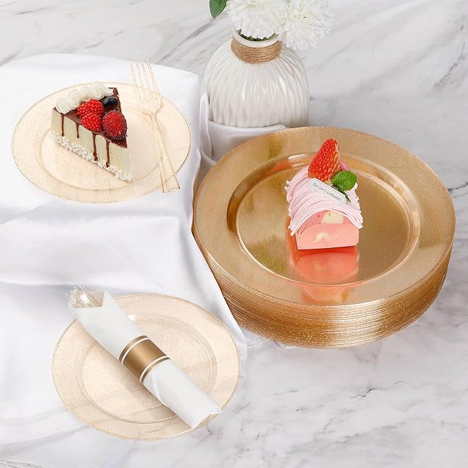 175 Piece Gold Glitter Plastic Dinnerware Set for 25 Guests | Disposable Dinnerware Includes: 25 Dinner Plates, 25 Dessert Plates, 25 Pre Rolled Napkins with Silverware, 25 Cups