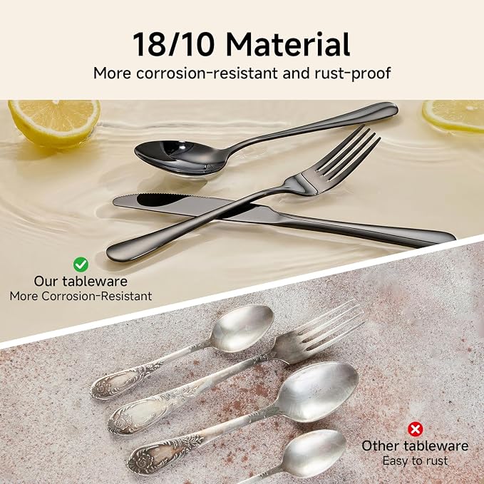 18/10 Stainless Steel Black Silverware Set for 30 | 30 Piece Heavy Duty Flatware Utensils Set | Mirror Polished | Dishwasher Safe | Premium Cutlery for Home Kitchen Wedding