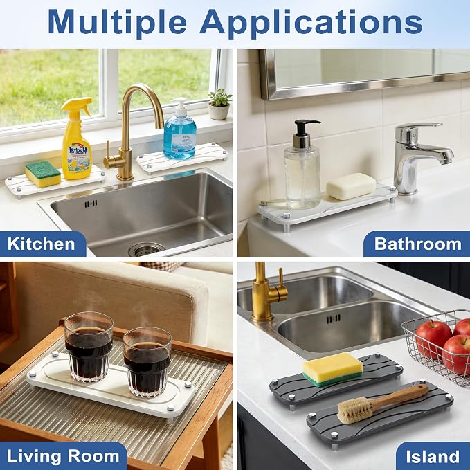 2-Pack Large Size Water Absorbing Stone Sink Caddy, Coaster | Instant dry stone tray and stone sink organizer with rust-free feet on rubber pads, free from scratches.