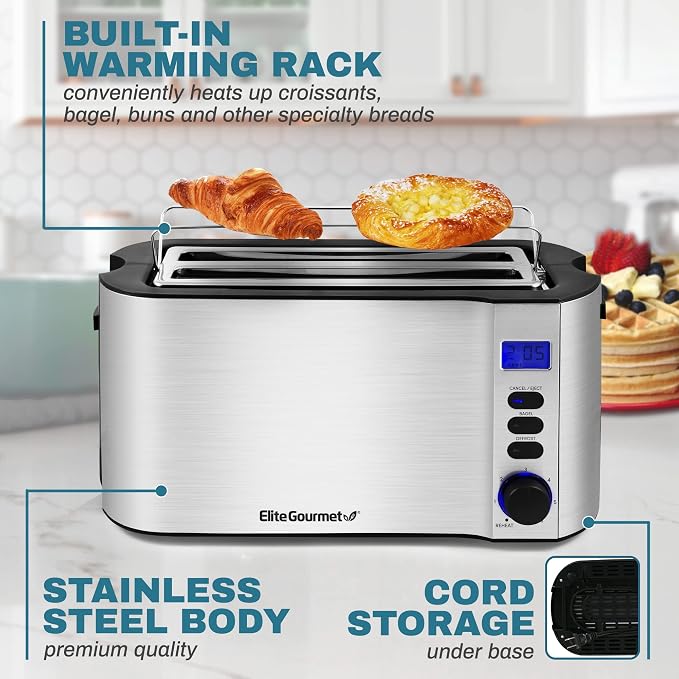 Elite Gourmet ECT4400B# Long Slot 4 Slice Toaster, Countdown Timer, 6 Toast Setting, Defrost, Cancel Function, Built-in Warming Rack, Extra Wide Slots for Bagel Waffle, Stainless Steel | 6 Toast Settings, Defrost & Cancel Function, Built-In Warming Rac...