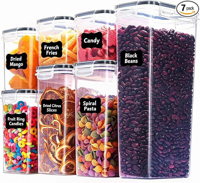 7 PCS Airtight Food Storage Containers with Lids, Plastic Kitchen and Organization Canisters for Cereal, Dry Food, Flour and Sugar, BPA-Free, PVC-Free, Includes Labels & Marker
